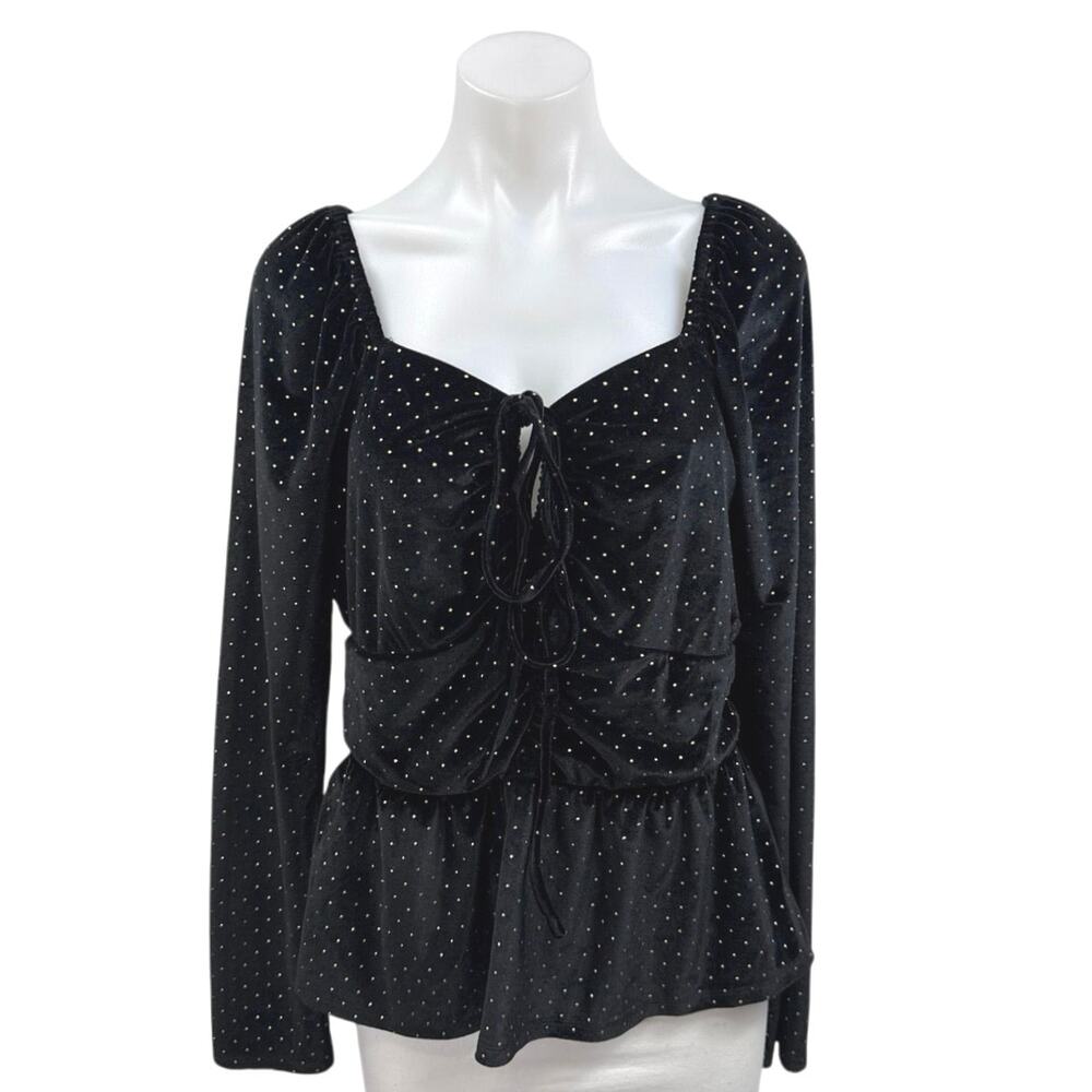 Aqua Black Velvet Velour Polka Dot Long Sleeve Tie Front Peplum Blouse Top Sz XL